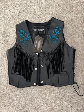 Unik Black Leather Fringe Vest with Teal Floral Appliqué